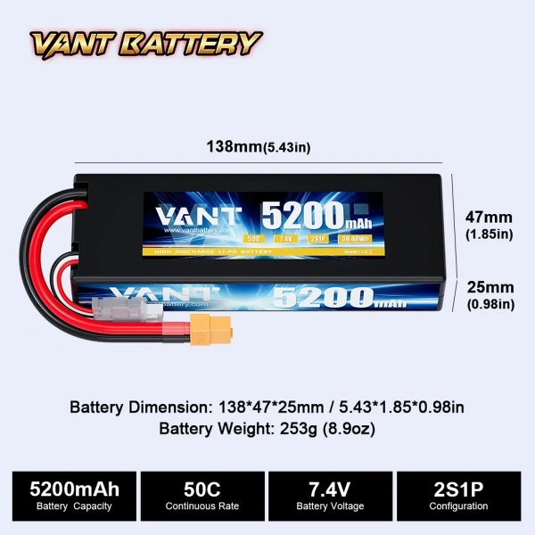 Аккумулятор LiPo 2S 5200 mAh 50C VTB-2S-5200-50C-HC VANT Battery 7.4V Hardcase XT60